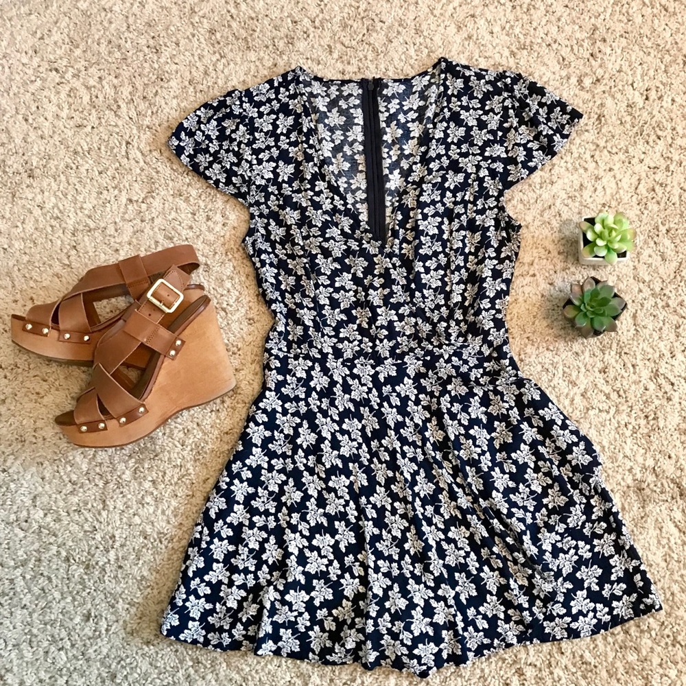 SOLD Navy Blue Printed Faux Wrap Romper